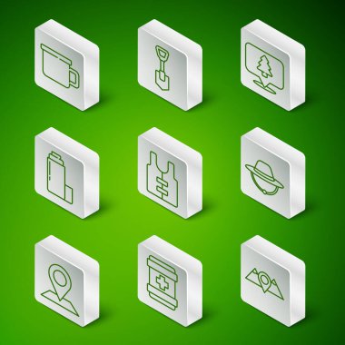 Hat konum dağları, ilk yardım çantası, kamp metal kupası, can yeleği, termos kabı, kürek ve şapka ikonu. Vektör