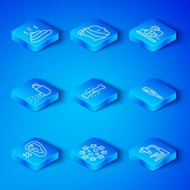 Set line Deaf, Bone pain, Virus, Medical thermometer, IV bag, Inhaler, Shit and Microscope icon. Vector