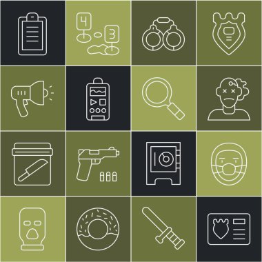 Kimlik kartlı çizgi polis rozeti, doktor patolog, cinayet, kelepçe, diktafon, megafon, rapor ve büyüteç arama ikonu. Vektör