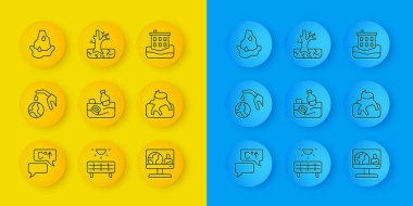 Küresel ısınma, gaz pompası hortumu ve dünya, okyanus kirliliği, hava tahmini, orman tahmini, buzulların erimesi, ev seli ve solmuş ağaç ikonu. Vektör