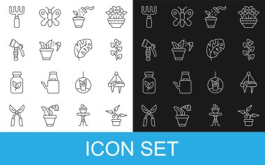 Ot, asılma, sarmaşık dalı, sprey sıkma, su şişesi, bahçe tırmığı ve tropikal yaprak ikonu. Vektör