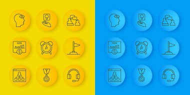 Çevrimiçi eğitim, kilit performans göstergesi, alarm saati, kulaklıklar, bayraklar, üçüncü gözü olan adam, konuşan iki oturan adam ve ampul ikonu. Vektör