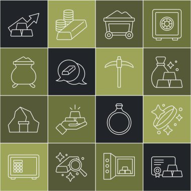 Sertifikalı, yüzüklü, altın çantalı, maden arabalı, eritilmiş altın külçeleri, büyüme oku ve kazma ikonu. Vektör