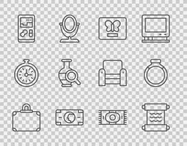 Satır Bavulu, Papyrus parşömeni, Kelebek çerçevesi, Yığın kağıt para, Taşınabilir oyun konsolu, Antik amfora, Klasik halı ve Altın yüzük ikonu. Vektör