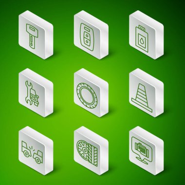 Hat kontrolü, araba tekerleği, uzaktan kumandalı anahtar, servis, kaza ve trafik konisi simgesi. Vektör