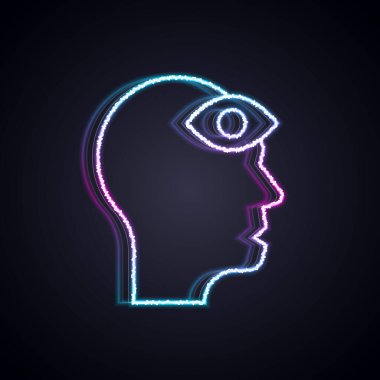 Siyah arka planda üçüncü göz ikonu olan parlak neon çizgili adam. Meditasyon konsepti, enerji vizyonu, aura. Vektör.