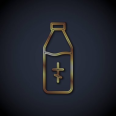 Altın çizgili kutsal su şişesi simgesi siyah arkaplanda izole edilmiş. Sihirli sıvıyla birlikte cam şişe. Vektör.