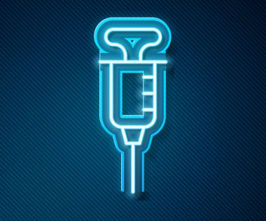 Parlayan neon çizgisi şırınga ikonu mavi arkaplanda izole edildi. Aşı için şırınga, aşı, iğne, grip aşısı. Tıbbi ekipman. Vektör