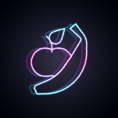 Parlayan neon hattı Apple ve muz ikonu siyah arkaplanda izole edildi. Fazla kilolu. Sağlıklı diyet menüsü. Fitness diyeti elması. Vektör