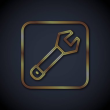 Altın çizgili İngiliz anahtarı simgesi siyah arkaplanda izole edildi. Anahtar tamir aleti. Servis aracı sembolü. Vektör