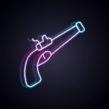 Parlayan neon hattı, siyah arkaplanda izole edilmiş Vintage tabanca ikonu. Eski bir silah. Vektör
