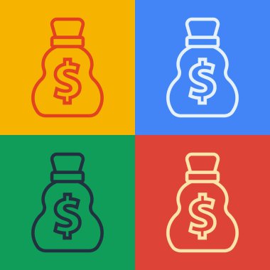 Pop Art Line Eski Para Çantası simgesi renk arkaplanında izole. Nakit bankacılık tabelası. Vektör