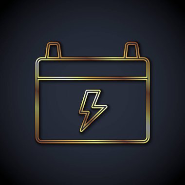 Altın çizgili araba aküsü simgesi siyah arka planda izole edildi. Akümülatör bataryası enerji ve elektrik akümülatörü bataryası. Vektör