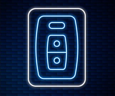 Uzaktan kumandalı, duvarda izole edilmiş parlak neon çizgili araba anahtarı. Araba anahtarı ve alarm sistemi. Vektör