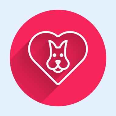 Köpek ikonlu beyaz çizgi kalp uzun gölge arkaplan izole. Yüreğindeki evcil hayvan pençesi. Hayvanlara sevgiler. Kırmızı daire düğmesi. Vektör