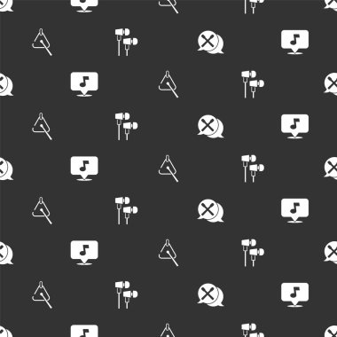 Bateri çubukları, müzik notası, ton, üçgen ve hava kulaklıklarını kusursuz şekilde ayarla. Vektör