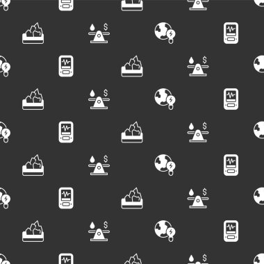 Küresel gezegeni ampul, sismograf, toprak madenciliği ve petrol parasıyla kusursuz desenlere ayarlayın. Vektör