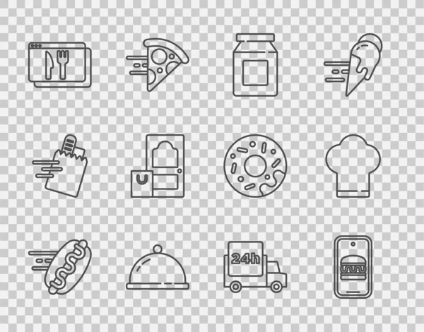 İnternetten sosisli ve teslimat siparişi ver, tepsiyle kaplanmış, arabayla hızlı ve şef şapkası ikonu. Vektör