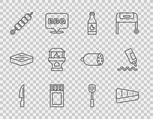 Set Line Couteau Barbecue Viande Steak Sauce Tabasco Matchbox Allumettes — Image vectorielle