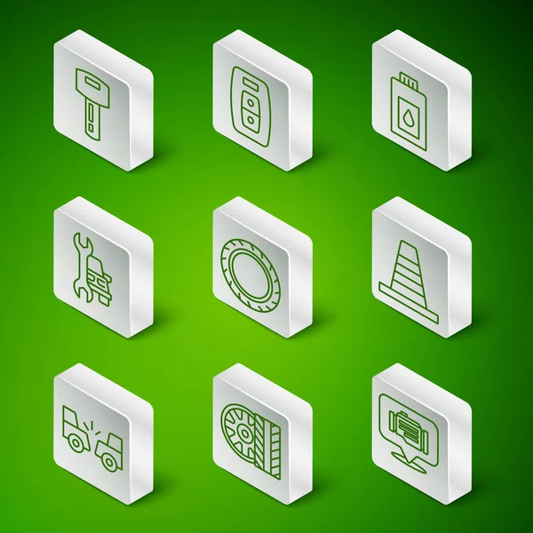 Hat kontrolü, araba tekerleği, uzaktan kumandalı anahtar, servis, kaza ve trafik konisi simgesi. Vektör