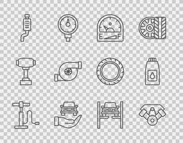 Hat otomobil pompası, elektrikli araba motoru, motor benzini göstergesi, otomobil kontrol otomobili, susturucu, otomotiv turbo şarj aleti, asansör tamiri ve motor yağı ikonu için teneke kutu ayarlayın. Vektör