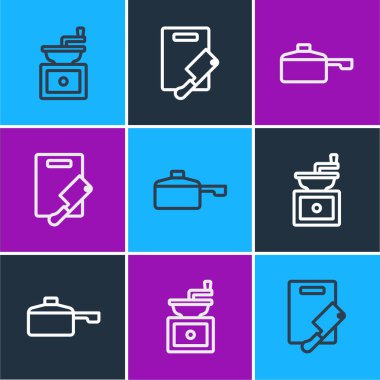 El yapımı kahve öğütücüsü, kızartma tavası, kesme tahtası ve et helikopteri ikonu. Vektör