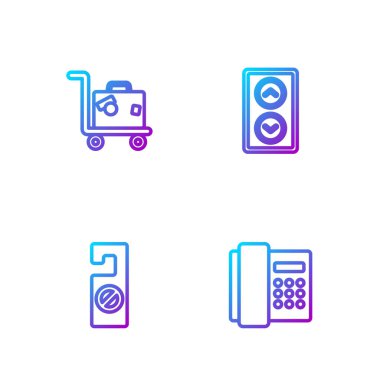 Telefon hattını ayarlayın, lütfen rahatsız etmeyin, Bavul ve Asansör. Renk simgeleri. Vektör