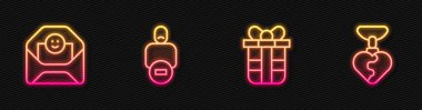 Hediye kutusu, Sevgililer Günü kalbiyle zarf, arkadaş kaybı ve kolye şeklinde kolye. Parlayan neon ikonu. Vektör