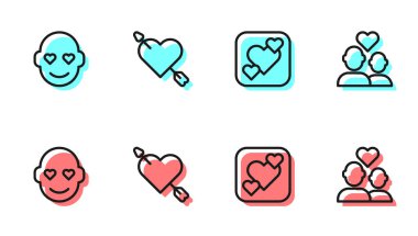 Set çizgisi, romantik adam, kalbi ve oku olan Amour ve aşık çift ikonu. Vektör