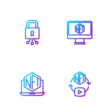 Satır NFT Dijital Şifreleme Sanatı, mağaza uygulamalı dizüstü bilgisayar, Siber Güvenlik ve Monitör. Renk simgeleri. Vektör