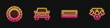 Araba sesi, tekerlek ve elektrikli araba motoru ayarlayın. Parlayan neon ikonu. Vektör