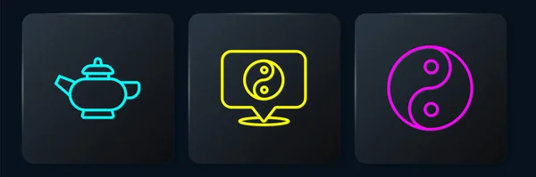 设置线形中国茶道 阴阳象征和 黑色方块按钮 — 图库矢量图片