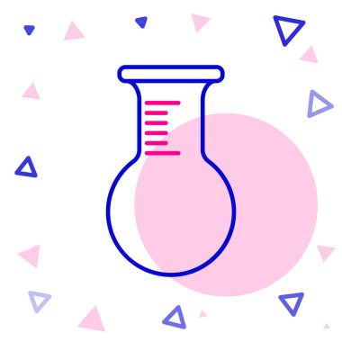 Beyaz arkaplanda çizgi test tüpü ve matara simgesi izole edildi. Kimyasal laboratuvar testi. Laboratuvar camları. Renkli taslak konsepti. Vektör İllüstrasyonu.