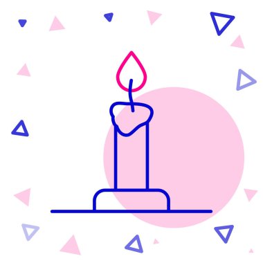 Beyaz arkaplanda izole edilmiş şamdan simgesinde çizgi yakma mumu. Silindirik mum çubuğu ve yanan ateş. Renkli taslak konsepti. Vektör