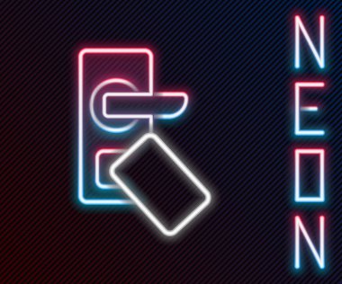Parlak neon hattı dijital kapı kilidi, kablosuz kablosuz ağ teknolojisiyle siyah arkaplanda izole edilmiş bir anahtar. Kapı kolu tabelası. Güvenlik akıllı ev. Renkli taslak konsepti. Vektör