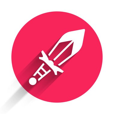 Beyaz Ortaçağ kılıç ikonu uzun gölgelerle izole edilmiş. Ortaçağ silahı. Kırmızı daire düğmesi. Vektör.