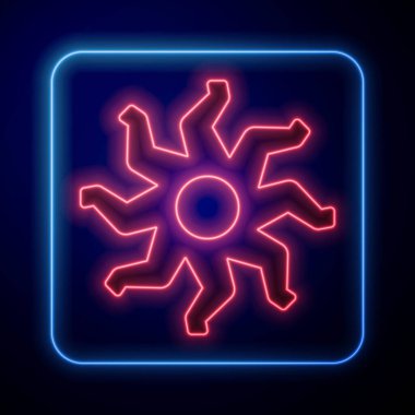 Parlayan neon güneş simgesi siyah arkaplanda izole edildi. Vektör