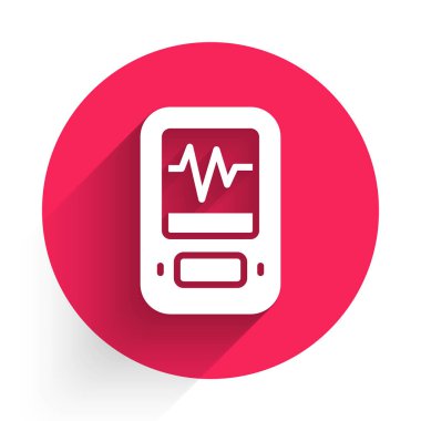 Beyaz sismograf simgesi uzun gölge arkaplanı ile izole edildi. Deprem analog sismografı. Kırmızı daire düğmesi. Vektör