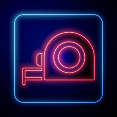 Siyah arkaplanda parlayan neon renkli rulet yapı ikonu izole edildi. Mezura ölçüm sembolü. Vektör