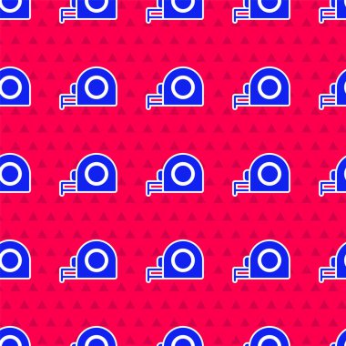 Mavi Rulet inşaat ikonu kırmızı arka planda izole edilmiş pürüzsüz desen. Mezura ölçüm sembolü. Vektör