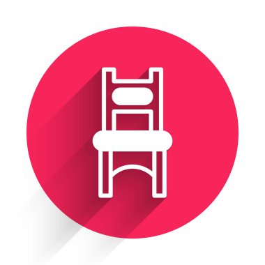 Beyaz Koltuk simgesi uzun gölge arkaplanı ile izole edilmiş. Kırmızı daire düğmesi. Vektör