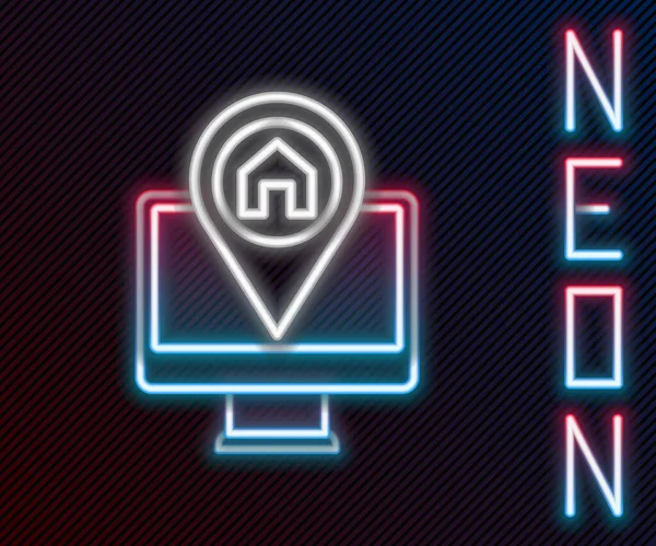 Gloeiende Neon Lijn Computer Monitor Gevouwen Kaart Met Locatiemarkering Pictogram — Stockvector