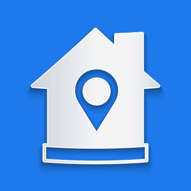 Kağıt kesikli harita işaretçisi ve mavi arkaplanda ev simgesi var. Ev konumu belirleyici sembol. Kağıt sanatı tarzı. Vektör