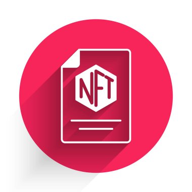 Beyaz NFT sözleşme simgesi uzun gölgeli. Para iadesi olmayan jeton. Dijital kripto sanat konsepti. Kırmızı daire düğmesi. Vektör