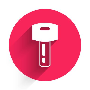 Uzaktan izole edilmiş uzun gölge arkaplanı olan beyaz araba anahtarı. Araba anahtarı ve alarm sistemi. Kırmızı daire düğmesi. Vektör