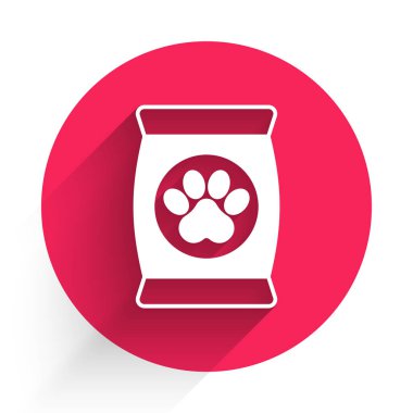 Evcil hayvan ikonu için uzun gölgeli beyaz yiyecek torbası. Hayvanlar için yiyecek. Köpek kemiği işareti. Hayvan maması paketi. Kırmızı daire düğmesi. Vektör