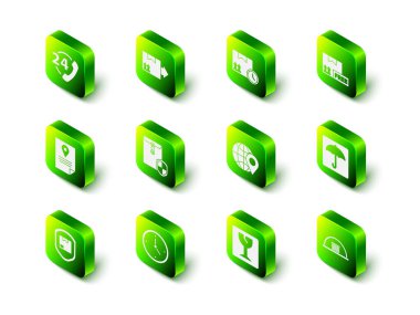 Karton kutuyu trafik sembolü ve hızlı zaman, ücretsiz Umbrella, Hangar, dünyadaki konum, kırılgan cam ve hızlı dağıtım ikonu ile ayarla. Vektör