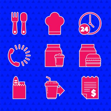 İnternetten sipariş ve teslimat ayarla, kahve bardağını paket yap, kağıt para, burger, alışveriş poşeti, yiyecek, saat 24 saat ve çatal kaşık ikonu. Vektör