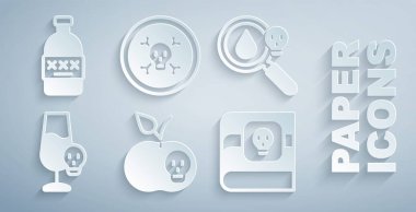 Zehirli elma, büyüteç, zehirli alkol, zehirlerle ilgili kitap, kemik, kafatası ve ikon. Vektör