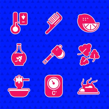 Tahta balta, Sauna termometresi, Kamp ateşi, meşe yaprağı, kaseli Bal Dipper çubuğu, gerekli yağ şişesi, limon ve ikon. Vektör